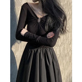 Zingj Hepburn V Neck Long Sleeve Knitted Dress Female Summer French With A Waist Show Long Skirt-Outfit