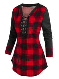 Sleeve Plaid Print Lace-up T-shirt Women Plaid Sweater Shirt Cowl Neck Form Fitting Casual Tunic Top Blouse
