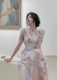 V-neck Print Dress French Style Women Elegent Party Pink Midi Dress Female Fashion A Line Holiday Korean Clothes