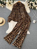 Leopard Vinage Casual Autumn Suits Loose Folds Lapel Blouse Tops+Wide Leg Long Pants Streetwear Women Two Pieces