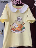 Aesthetic Summer Patchwork T-shirt Japanese Cartoon Print Kawaii Casual Loose Tops Harajuku Women Oversized Apricot