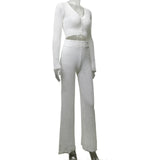 2025 New Knitted Set Of Women's Fluorosclumned Casual Solid Color Hollow High-Waisted Trousers Commuting