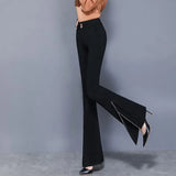 Elegant Women Flare Pants High Quality Elastic Korean Black Split Spring Lady Trousers Fashion High Waist Button Full