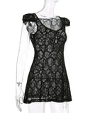 Women Lace Floral Short Mini Dress Vintage V-neck Buttons Up Slim Fit Summer Solid A-Line Dress Y2K Vestidos