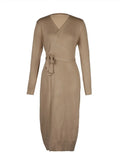 Knitted Women Dress Long Sleeve Bandage Fashion Khaki Soft Party Dress Women Clothing Autumn V-Neck Casual