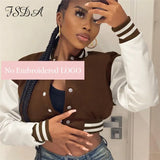 2021 Patchwork Crop Jacket Varsity Women Autumn Winter Casual Oversized Fashion Baseball