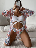Beach Cover Up And Bikini Set Sexy Swimwear Women Hollow Out Swimsuit High Waist Biquini Female Print