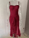 Irregular Ruffles Hem Strap Midi Dress- Outfit