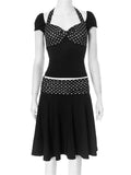 Black Polka Dot Patchwork Top And Midi Skirt Set- Outfit