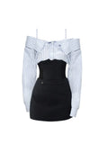 Women's Two Piece Set Suit Vintage Long Sleeve Stripe Shirt Female Elegant Fashion Party Club Package Hip Black Skirt Suit