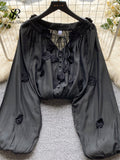 Senior Embroider Loose Blouse Lace Up Bow V Neck Single Breasted Cardigan Long Puff Sleeves Women Gentle Solid
