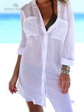 New Spring Summer Autumn Women Blouse V-Neck Long Sleeve Pocket Solid Shirts Women Casual White Blouse For Beach Tops