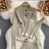 Women 3 Piece Set 2021 Autumn New Korean Style Temperament Fashion Suit Plaid Knitted Cardigan Bottoming Camisole