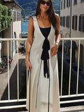 Tie Knitted Deep V-neck Long Dress Women Sexy Slim Sleeveless Contrasting Robes 2024 Summer Lady Evening Party