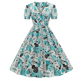 Puff Sleeve Women Party Swing Dress Cherry Print Retro Audrey Hepburn 1950s 60s Rockabilly Pinup Ball Grown Robe