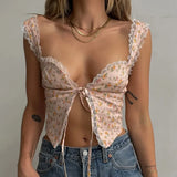 Women Y2K Fairy Low-Cut Sling Floral/Dot Lace-Trimmed Tie-Up Cardigan Short Tops Spaghetti Strap Sleeveless Cami