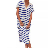 Zingj Summer Dress Women's V-Neck Stripe Low Slit Lapel Long Sweater Even-Outfit