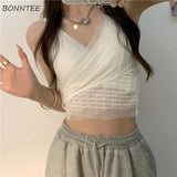 Women Mesh Slim Tops Hot Girls Summer Popular Teenagers Chic Solid V-neck Sexy Stylish Korean Style Mujer New