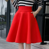 Waist Pleat Elegant Skirt Green Black White Knee-Length Flared Skirts Fashion Women Faldas Saia 5XL Plus Size Ladies