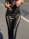 Cut-out Lace Up Pu Leather Pants-Outfit