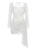 Long-Sleeved Sexy Lace Fish Bone Girded Waist Dress Autumn And Winter New Short