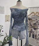 Real Shot Shoulder Tie-Dye Printing Mesh Hooded Design Long-Sleeved Irregular Folding Repair T-Shirt