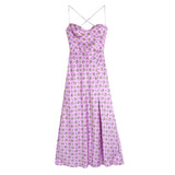 ZA Fashion Women Spring New Silk Satin Texture Print Slip Dress Front Slit Open Back Chic Ladies Midi
