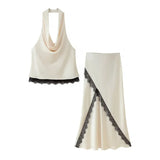 Women's Dress 2025 New Lace Lace Ribbon Hanging Neck Collar Top Mid-Body Dress