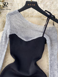 Autumn Women Knitted Midi Dress Splice Irregular Diagonal Collar Lace Up Design New Fashion Elegant High Quality
