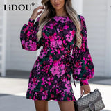 Autumn Round Neck Robe Floral Print Bandage Dress Women Lantern Long Sleeve Ruffles Elegant Dresses Vestidos De