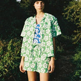 Women Lounge Wear Summer Plaid Tracksuit Shorts Set Short Sleeve Shirt Tops And Mini Shorts Suit Green Two Piece