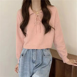 The New Korean Version Lace-Up Pullover In Spring 2024 Is Girly With Polo Collar And Simple Bottomed