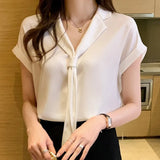 Summer Short Sleeve Chiffon Shirt Women V-neck Tie Solid Loose White Blouses And Shirts Korean Plus Size Women Tops