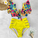 Ruffled Hem Bikini Set Women Flora V-Neck High-Waisted Two Piece Swimsuit 2023 Girl Beach Bathing Suit Swimwear