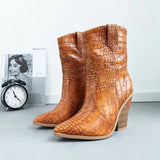 Faux Leather Cowboy Ankle Boots for Women Wedge High Heel Boots Snake Print Western Cowgirl Boots Silver Gold White
