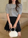 Bowknot Short Sleeve Round Neck Knit Top- Outfit