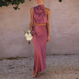Satin Sexy Dress Women Sleeveless Two-Piece Formal Occasion Dresses A Line Summer Solid Casual Party Dress Sets
