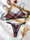 Black Lips Embroidery Sheer Lingerie Set- Outfit
