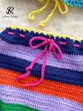 Vacation Beach Style Knitted Suits Halter Lace up Backless Camis+Hook Flower Drawstring Slim Skirt Fashion Sexy