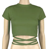 Summer Women Black Short T-Shirts Sexy Crop Tops Short Sleeve Bandage Tee Tops Female Shirts Fashion Woman
