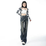 Blue Slightly Flared Jeans Women High Waist Casual Wide Leg Pants Y2k Korean Femme Slimming Small Denim Trousers