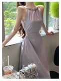 Elegant Backless Satin Midi Dresses for Women 2023 Korean Fashion Sleeveless Slim Evening Party Female Casual