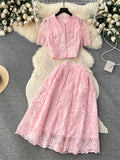 French Hook Flower Hollow Sets Women O Neck Single Breasted Pockets Top+ Zipper Long Skirt Lace Party Two Pieces