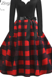 Women Winter Christmas Dress Vintage Santa Printed V-Neck Long Sleeve Swing Sexy Xmas Party Festival Dress