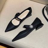 Zingj Pointed Mary Jane Shoes Female Late Evening Wind Gentle Retro Word Buckle Lady Temperament Thick Heel Low Heel Shoes-Outfit