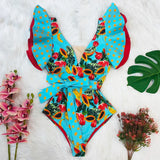 New Sexy V-Neck Lace One Piece Swimsuit Ruffle Swimwear Women Bandage Bathing Suit Beachwear Print Monokini