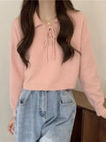 The New Korean Version Lace-Up Pullover In Spring 2024 Is Girly With Polo Collar And Simple Bottomed
