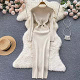 Zingj Sister Senior Sense Red Temperament Long Sleeve Knit Dress Autumn Women's Hot Girl Accept Waist Open Slit Wrapped Hip