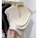 Zingj Temperament Goddess 2024 Autumn New Good Version V Collar Short Sleeve Female Slim Slim Elastic Cotton Black