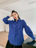 Klein Blue Vintage Bandage Lantern Sleeve Shirt For Women Long Sleeve Top Button Up Collared Shirt Blouse Fall